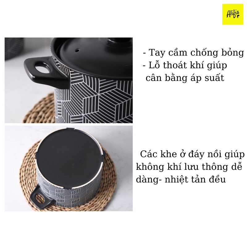 Nồi hầm cháo, nồi kho cá bằng sứ chịu nhiệt cực tốt dùng được trên bếp ga - họa tiết kẻ đen nhiều dung tích