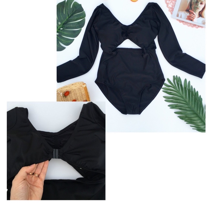 BIKINI một mảnh tay dài bodysuit đen khoét ngực HÀNG ĐẸP - jami - MOM_589