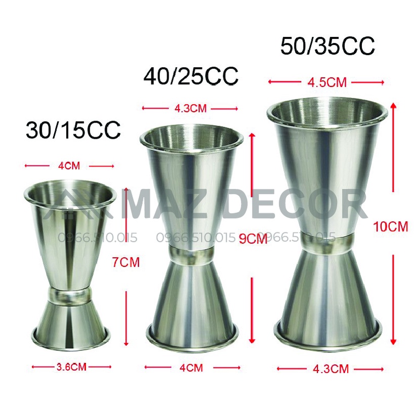 Sỉ giá tại xưởng Jigger ly inox đong rượu 2 đầu uốn 3 cỡ 15/30 - 20/40 - 25/50 100% inox