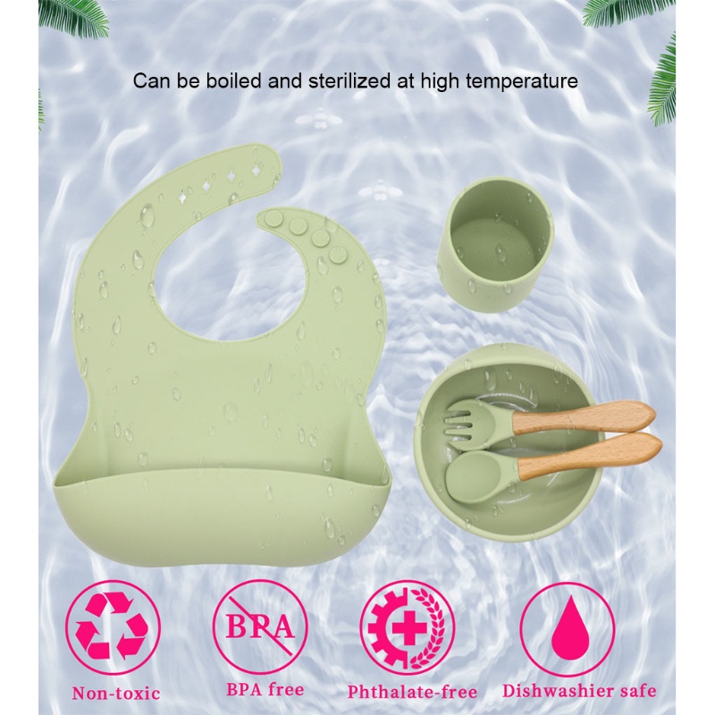 Bộ 5 Dụng Cụ Tập Ăn Gồm Bát / Muỗng / Nĩa Bằng Silicone Có Giác Hút Dành Cho Bé