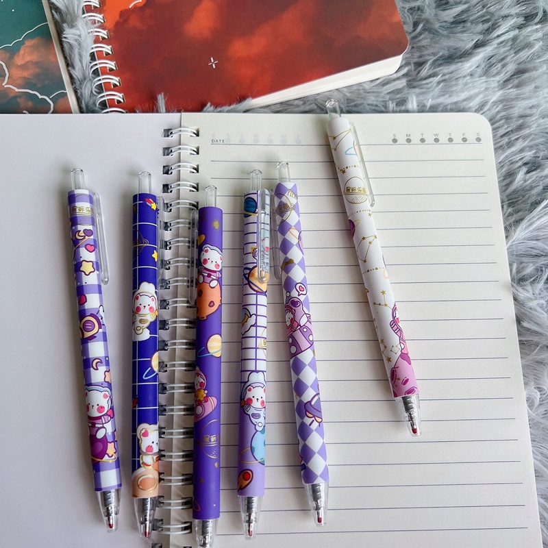 Bộ 6 Bút Mực Đen Dạng Nhấn Hình Chú Gấu Dễ Thương Cho Học Sinh Nữ