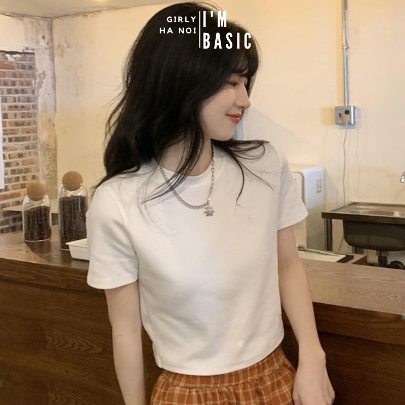 Áo Thun Croptop Nữ Tay Ngắn Màu Đen Cổ Tròn Vải Cotton Mềm Áo Baby Tee Hottrend Co Giãn Tốt Ôm Body Ulzzang I'm Basic