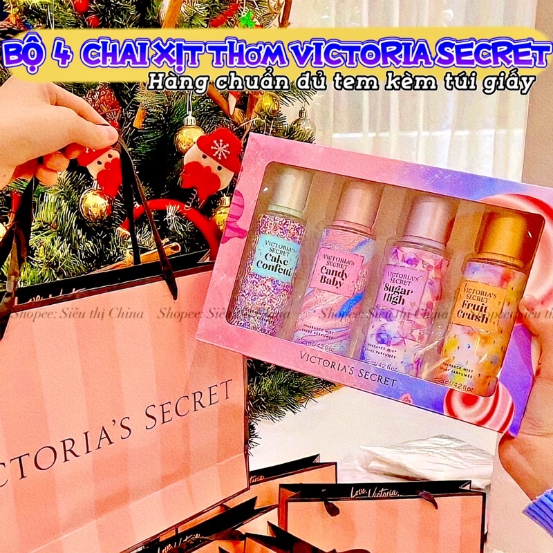 HÀNG CHUẨN CÓ BILL Bộ 4 Chai Xịt Thơm BODY MIST VICTORIA’C SECRET KÈM TÚI GIẤY, CANDY SUGAR CAKE CONFETI FRUITS CRUSH