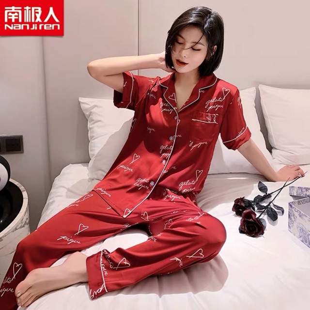 Bộ đồ pijama lụa cao cấp❣️bộ ngủ lụa quần dài-áo cộc (tơ lụa Quảng Châu)