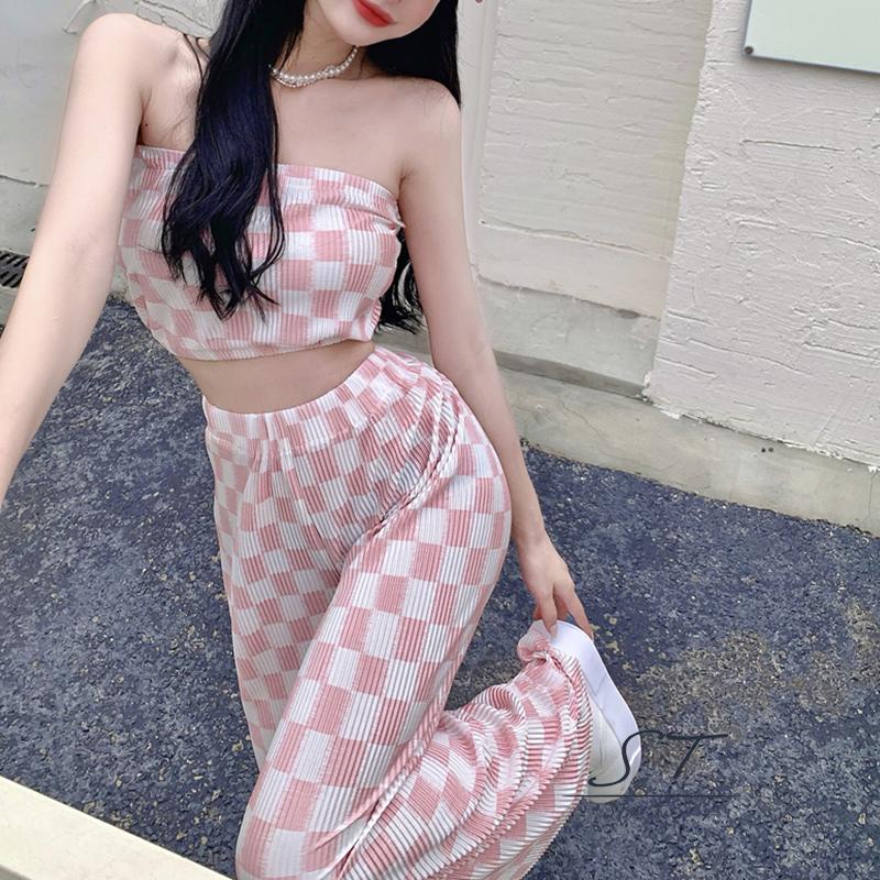 Set Đồ 2 Món Áo Ống Không Tay Quần Dài Rộng Họa Tiết Sọc Caro Cho Nữ
