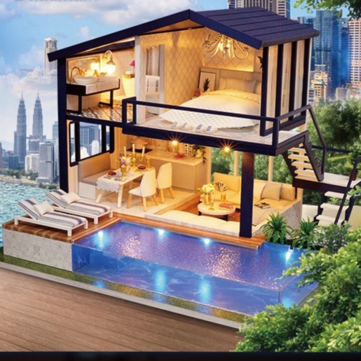 Nhà mô hình tự lắp ráp DIY - Biệt thự hồ bơi cao cấp A066