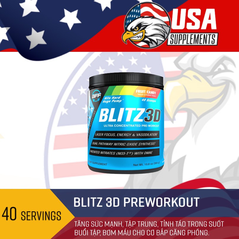 Thực Phẩm Tăng Sức Mạnh BLITZ 3D Preworkout - siêu tiết kiệm, thành phần mạnh mẽ, vị ngon (40 lần dùng)