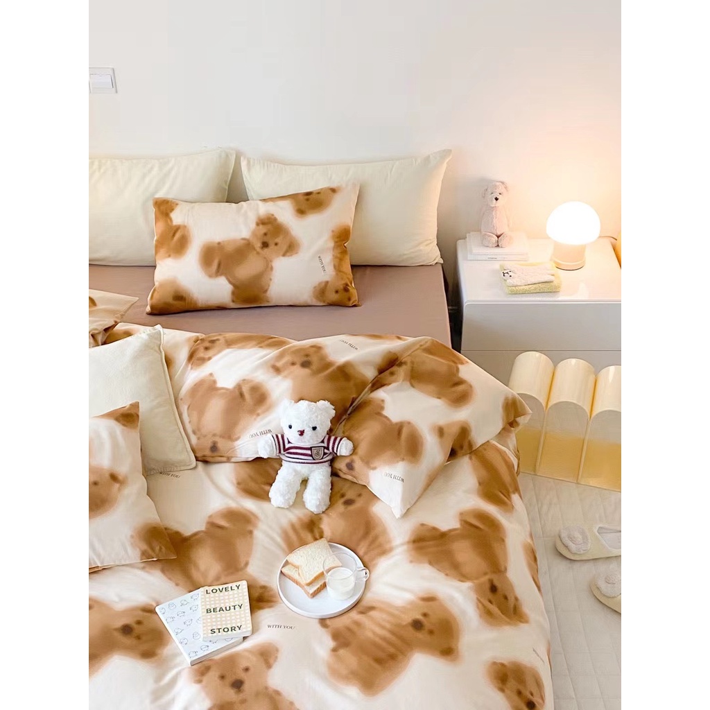 Chăn Ga Gối Cotton Living 💝 FREESHIP 💝 Bộ Chăn Ga Cotton 100% "Gấu Happy" nhập khẩu 4 món