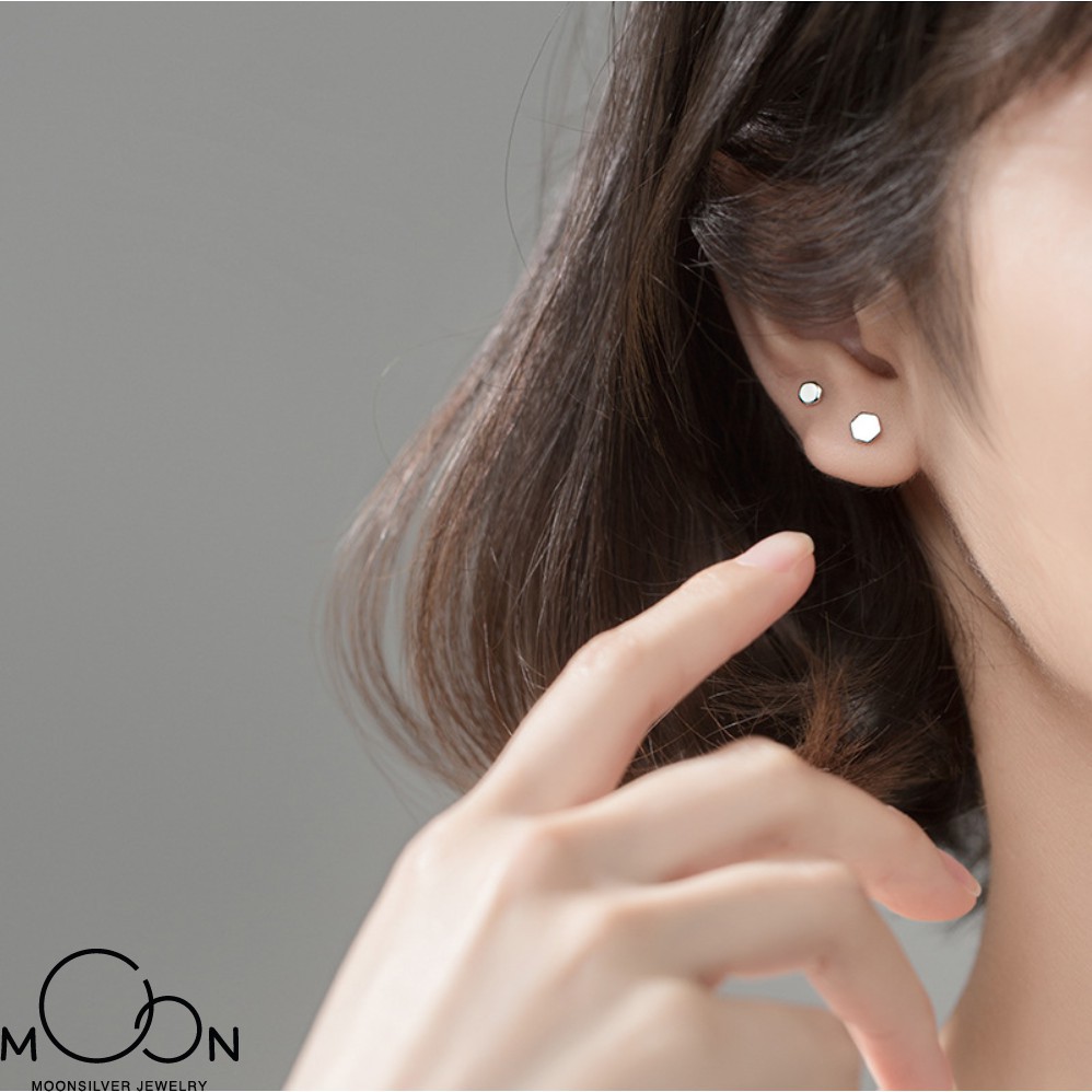 Khuyên tai bạc bông tai bạc nữ hình lục giác lục lăng đơn giản cá tính đẹp moonsilver