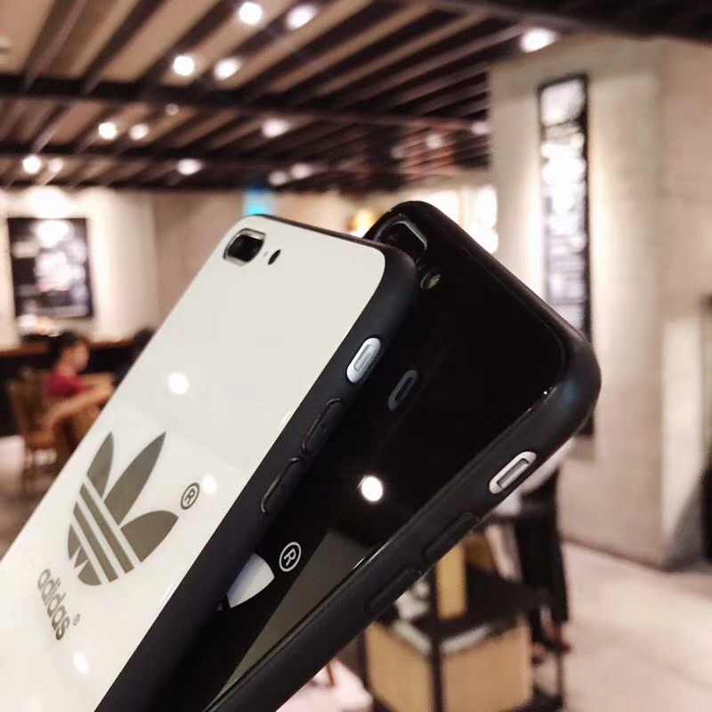 Ốp điện thoại mặt kính cường lực hình logo Adidas cho iPhone 6 6S 7 8 Plus X