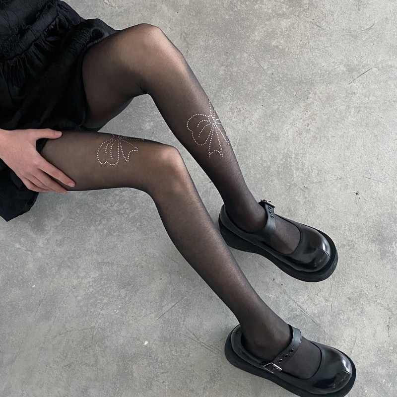 Xiangbao Quần Tất Mỏng Trong Suốt Đính Đá Phối Nơ Phong Cách Gothic Quyến Rũ Cho Nữ