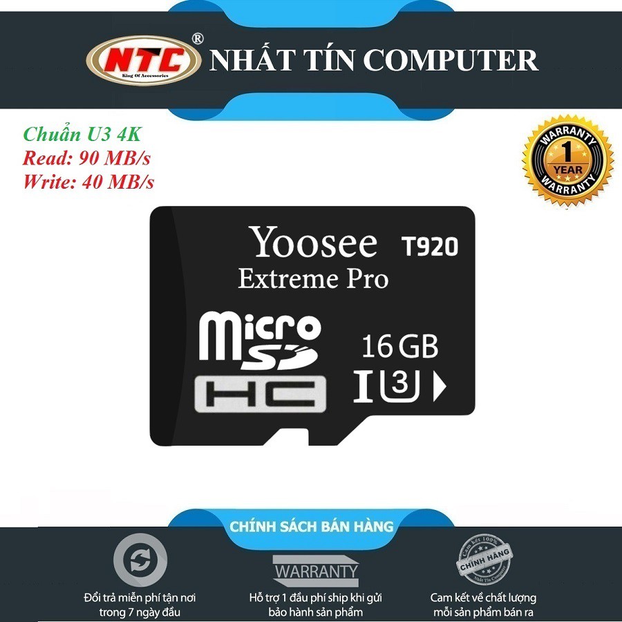 Thẻ nhớ microSDHC Yoosee Extreme Pro T920 16GB UHS-I U3 4K 95MB/s (Đen)