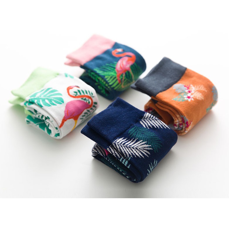 Vớ hoạ tiết nam nữ Cotton Unisex cổ cao phối hoạ tiết lá cây