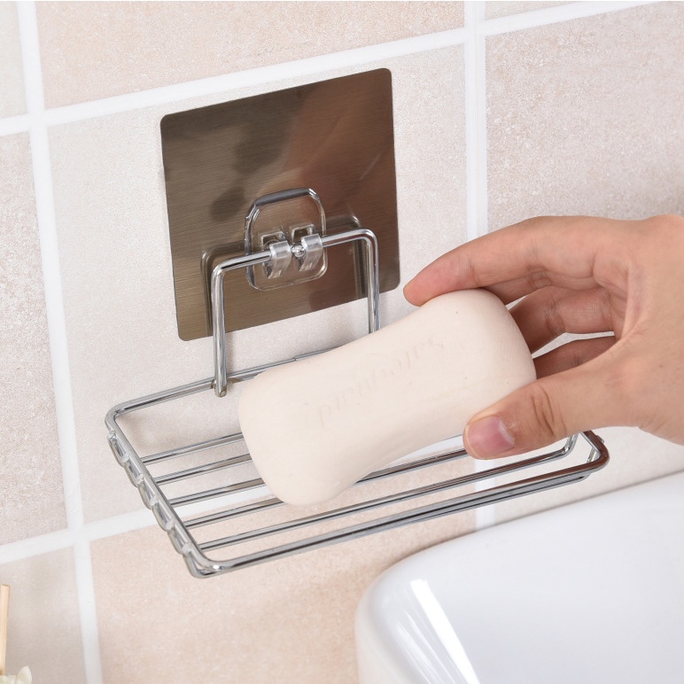 Kệ đựng xà phòng 2 tầng inox dán tường kèm móc treo tiện lợi