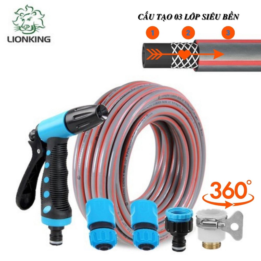 Bộ vòi tưới đa năng kết nồi với dây dẫn Lionking GH điều chỉnh nhiều chế độ phun phù hợp cho việc tưới cây, rửa xe...
