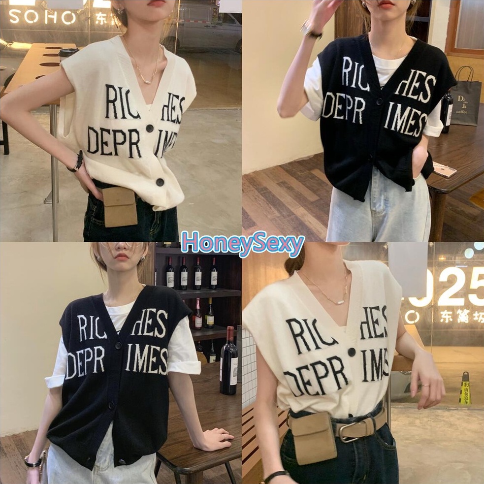 HoneySexy Áo vest nữ cổ chữ V dệt kim mùa hè áo khoác ngoài mỏng không tay thời trang retro hàn quốc