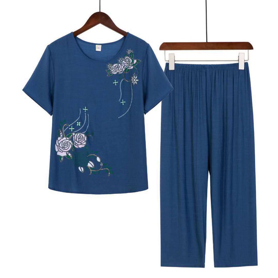 Bộ Đồ Hai Mảnh Áo Cotton + Quần Rộng In Hình Dành Cho Phụ Nữ Lớn Tuổi