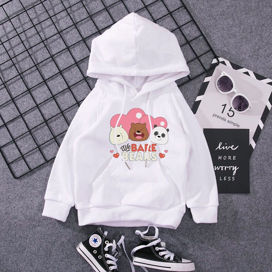 Áo khoác nỉ hoodie we bare bears màu trắng 3 chú gấu đủ size cho bé trai bé gái