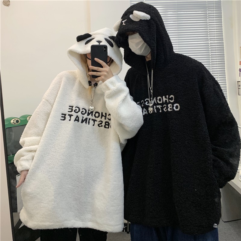 Áo hoodie vải bông tay dài nón tai gấu trúc cute couple nam nữ thêu chữ ulzzang ( 2 màu )