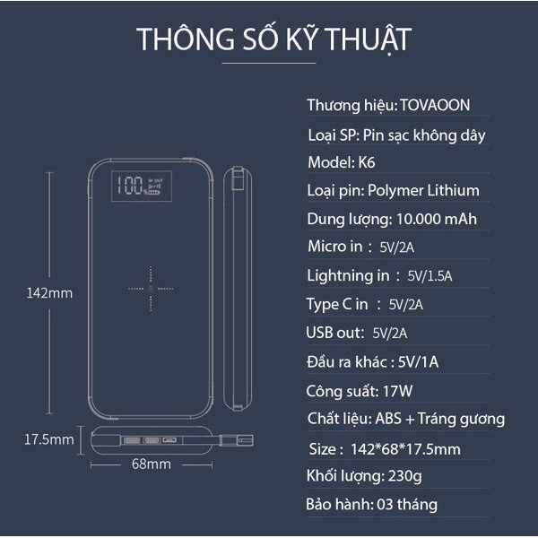 Sạc dự phòng tráng gương không dây đẳng cấp 10.000mah TOVAOON K6 - SuperStore