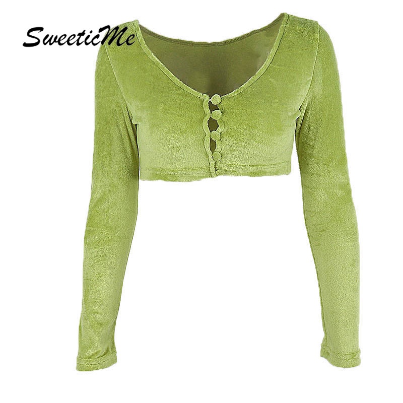 Áo Khoác Cardigan Sweeticme   Tay Dài Cổ Chữ V Phối Nút Lông Độc Đáo Thời Trang