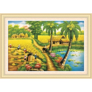 Tranh thêu chữ thập 3d Làng quê mùa lúa chín < 53470 > chưa thêu