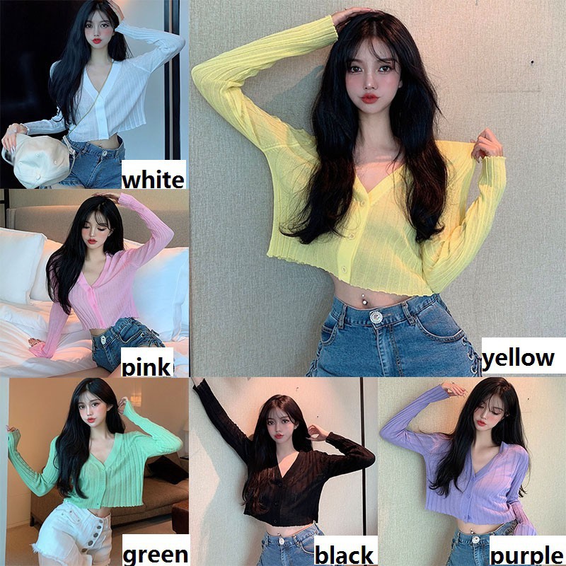 Áo croptop Áo Khoác Cardigan /Dệt Kim Tay Dài Cổ Chữ V Chống Nắng Cho Nữ Cardigan dệt kim cổ chữ V tay dài dành cho nữ