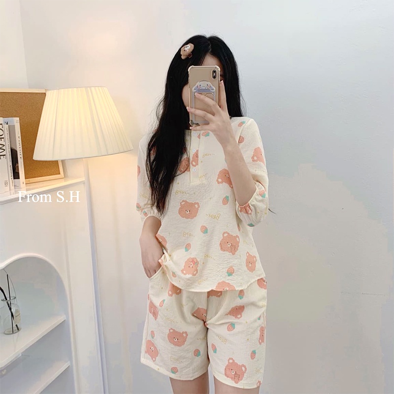 [Video/Ảnh thật] Bộ Pijama Cộc Tay Chất Đũi Nhăn Họa Tiết Siêu Xinh, Set Bộ Ngủ Pijama