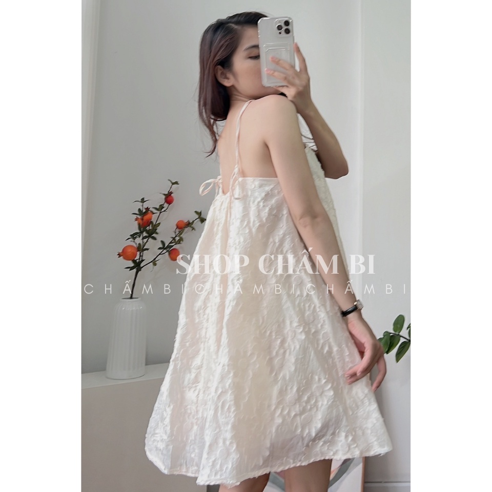 Váy kiểu Hàn Quốc V.120, Váy midi voan cổ yếm 2 lớp nơ lưng họa tiết hoa nổi tiểu thư - Thời trang nữ Chấm Bi