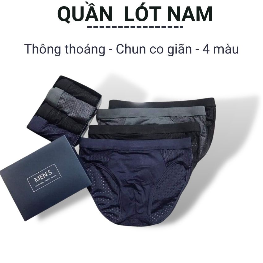 Quần lót nam thông hơi thoáng mát dạng lưới, quần sịp tam giác kháng khuẩn co giãn 4 chiều vải cotton Hộp 4 cái Angola