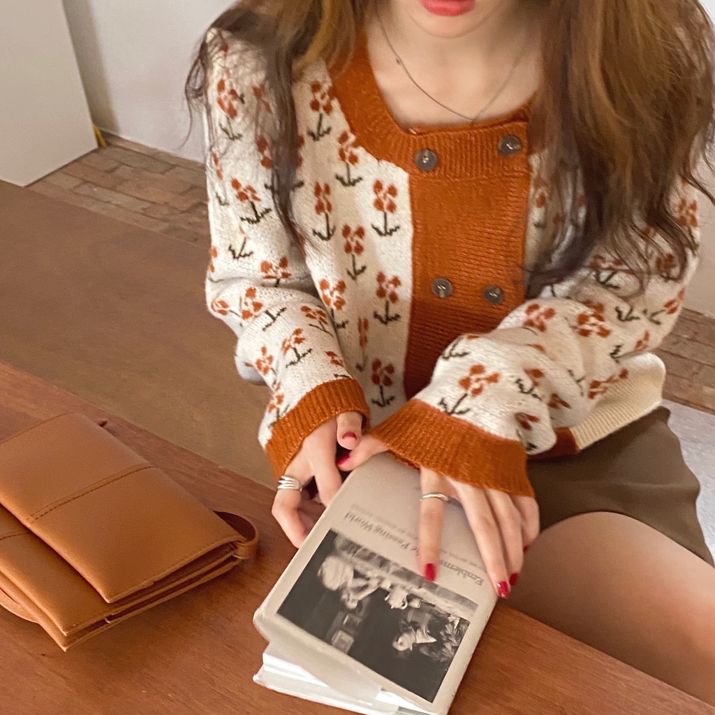 Áo cardigan len họa tiết boho hoa nhí