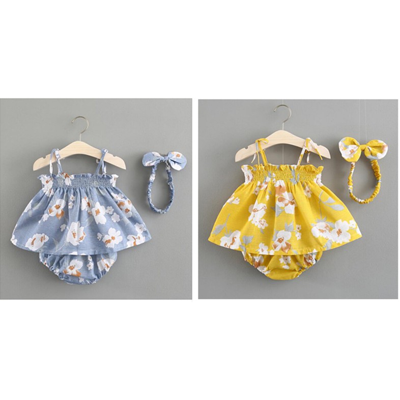 ☀ sunny ღ Set áo hoa không tay + quần short + Băng đô nơ đáng yêu cho bé gái