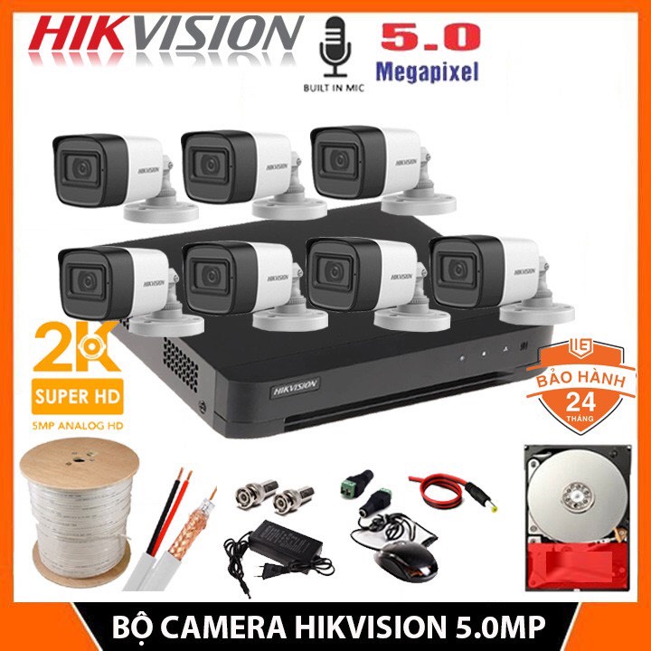 Trọn Bộ Camera giám sát 5/6/7/8 HIKVISION 5.0MP [2K] Có Micro, kèm HDD đầy đủ phụ kiện