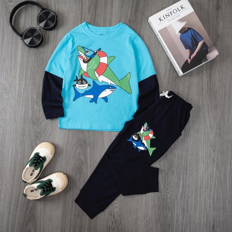 Bộ dài nối tay bé trai Janeshop, Set quần áo dài tay cotton size nhí 2-7