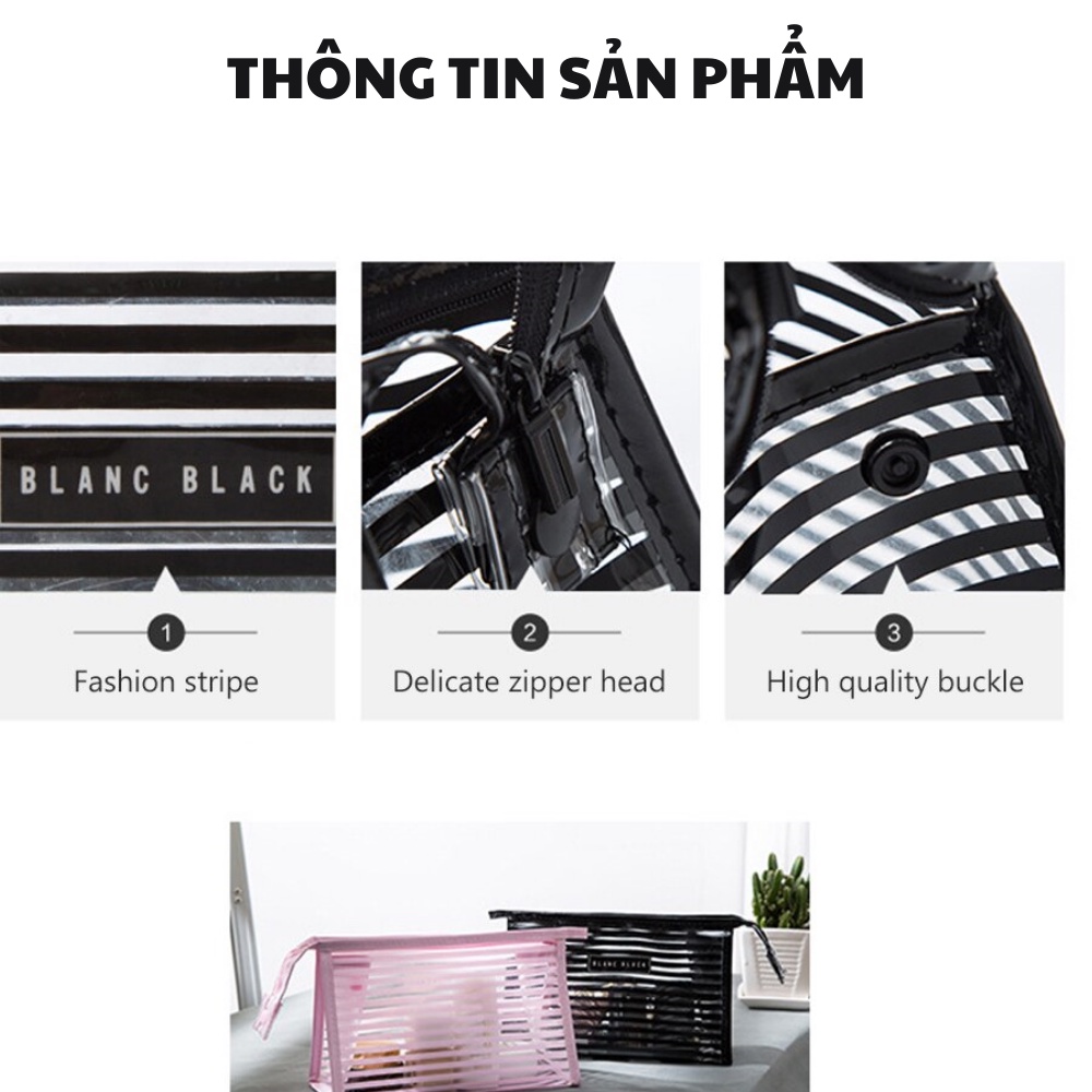 [Xukashop] Túi đựng mỹ phẩm du lịch đa năng trong suốt họa tiết kẻ sọc đựng đồ trang điểm tiện lợi