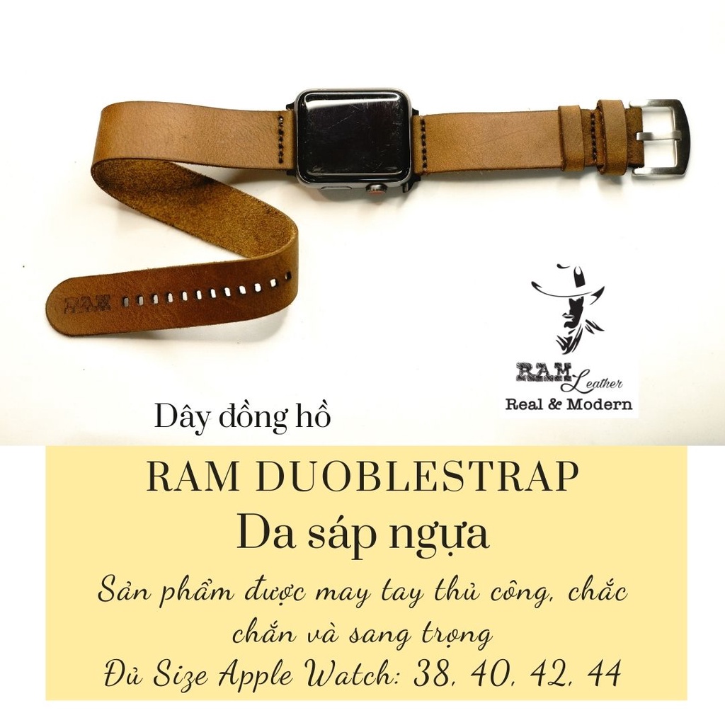 Dây apple watch da bò thật double straps handmade bền chắc cực đẹp cao cấp RAM Leather - tặng khóa chốt và adapter