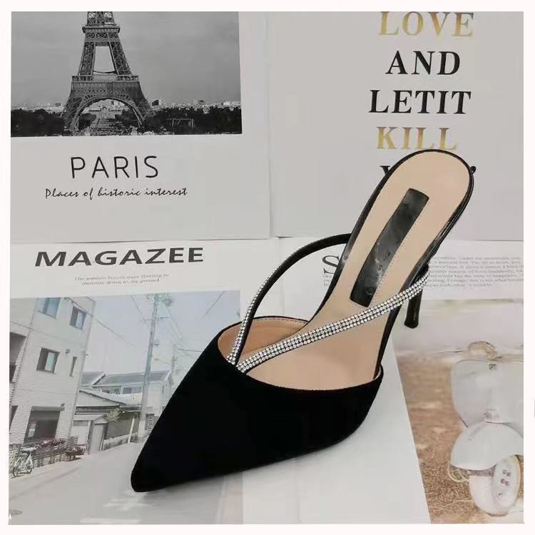 ▲۩Spring/Summer 2021 new high heels female temperament outer wear half slippers Baotou stiletto pointed toe women s shoes with rhinestone sandals and