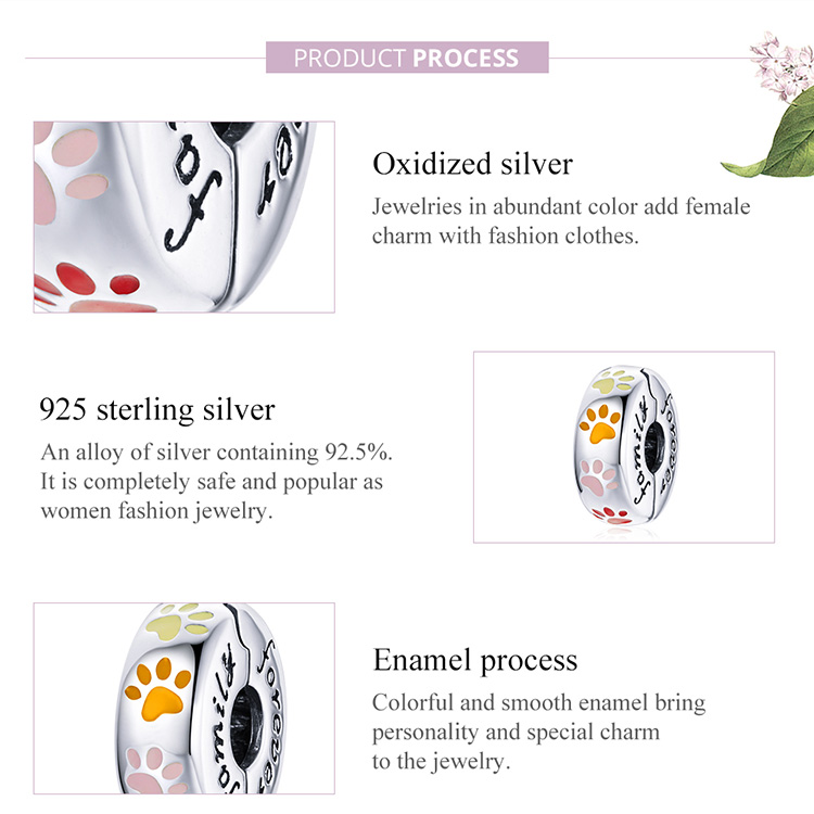 Mặt xỏ vòng tay Bamoer SCC1850 bằng bạc sterling 925 họa tiết bàn chân nhiều màu thời trang DIY