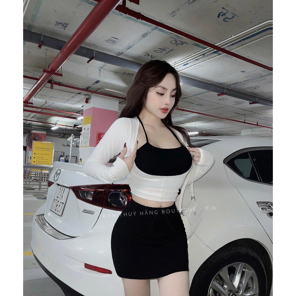 SET croptop tay dài 3 món PINKSTORE29 kèm yếm, váy ôm phong cách cá tính S054