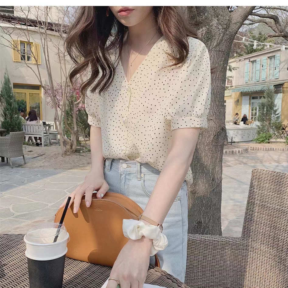 Áo Voan Tay Lửng Cổ Chữ v Phong Cách Hàn Quốc Mới Cho Nữ