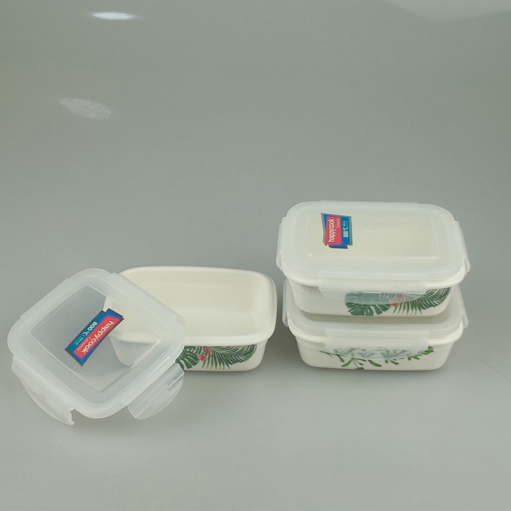 Hộp cơm sứ 3 tầng chữ nhật 325ml Happycook tặng túi đựng cao cấp