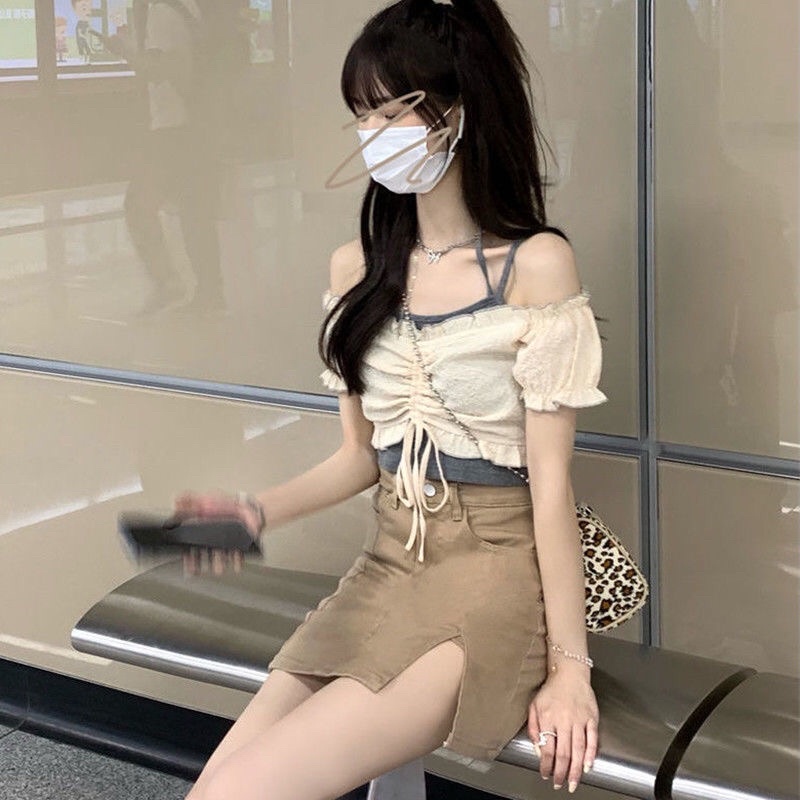 Set áo croptop rút dây và chân váy ngắn xẻ tà ulzzang Hàn Quốc