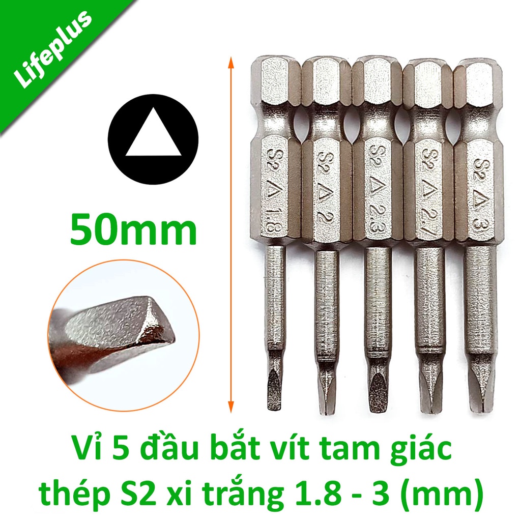 Vỉ 5 đầu bắt vít tam giác chuôi lục thép S2 xi trắng 1.8-3mm dài 50mm