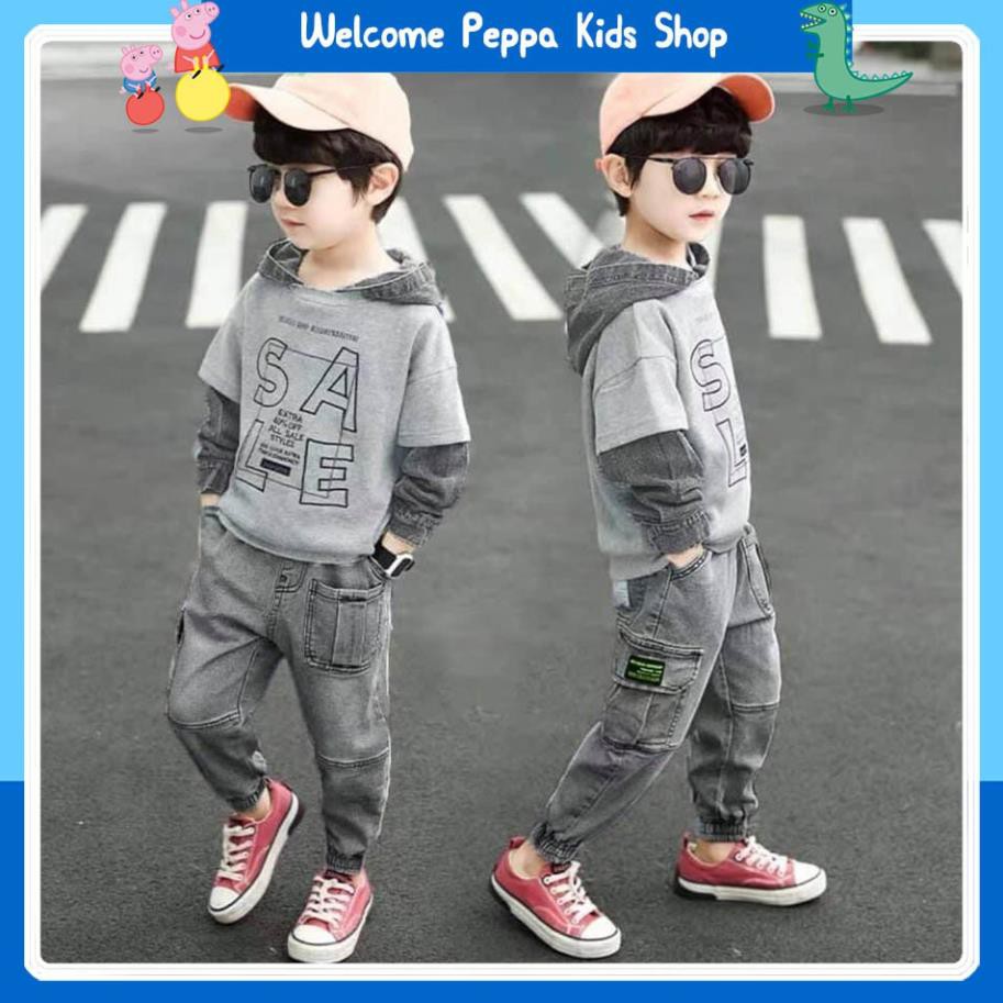 Sét bộ áo da cá phối bò - quần bò túi hộp Peppa Kids mặc nhà, đi chơi đều rất đẹp và thỏa mái.
