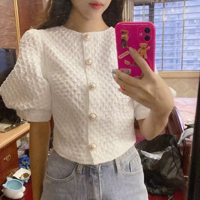 áo sơ mi tiểu thư phối cúc đá ngọc siêu sang( có ảnh thật)