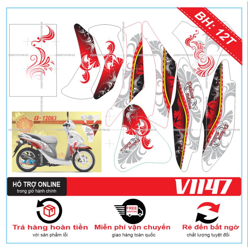 TEM TRÙM XE VISION 2012 HOA VĂN TRẮNG ĐỎ -- SHIN DECAL 2