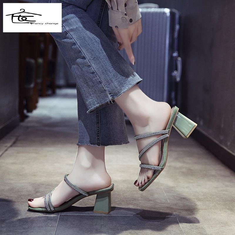 Dép Cao Gót Hở Ngón Mũi Vuông Đính Đá Thời Trang Mùa Hè Cho Nữ