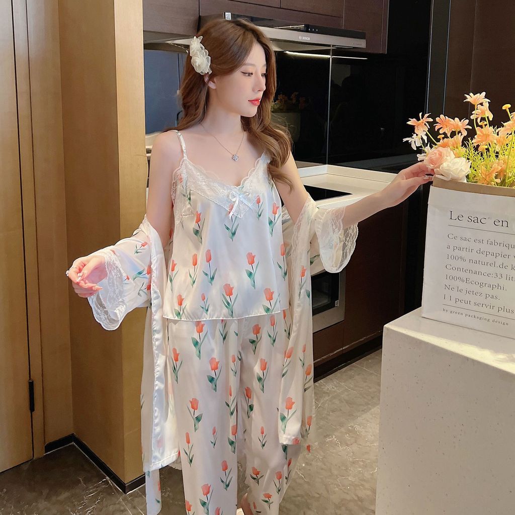 Bộ Đồ Ngủ Lụa Ba Mảnh Tay Dài Phong Cách Hàn Quốc Gợi Cảm Hàng Mới 2022