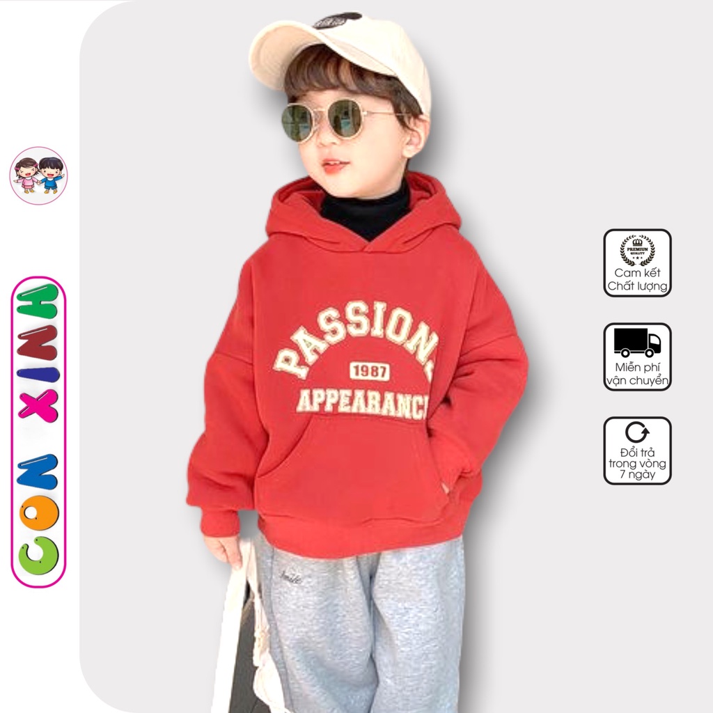 Áo khoác nỉ hoodie bé trai Con Xinh hình in chữ PASSION 1987,thời trang thu đông dành cho bé từ 4 đến 10 tuổi