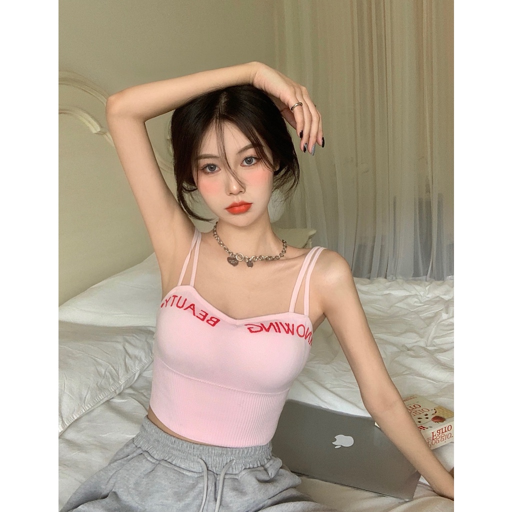 DUNEA Áo Hai Dây Không Lộ Đường May In Chữ Thời Trang Cho Nữ